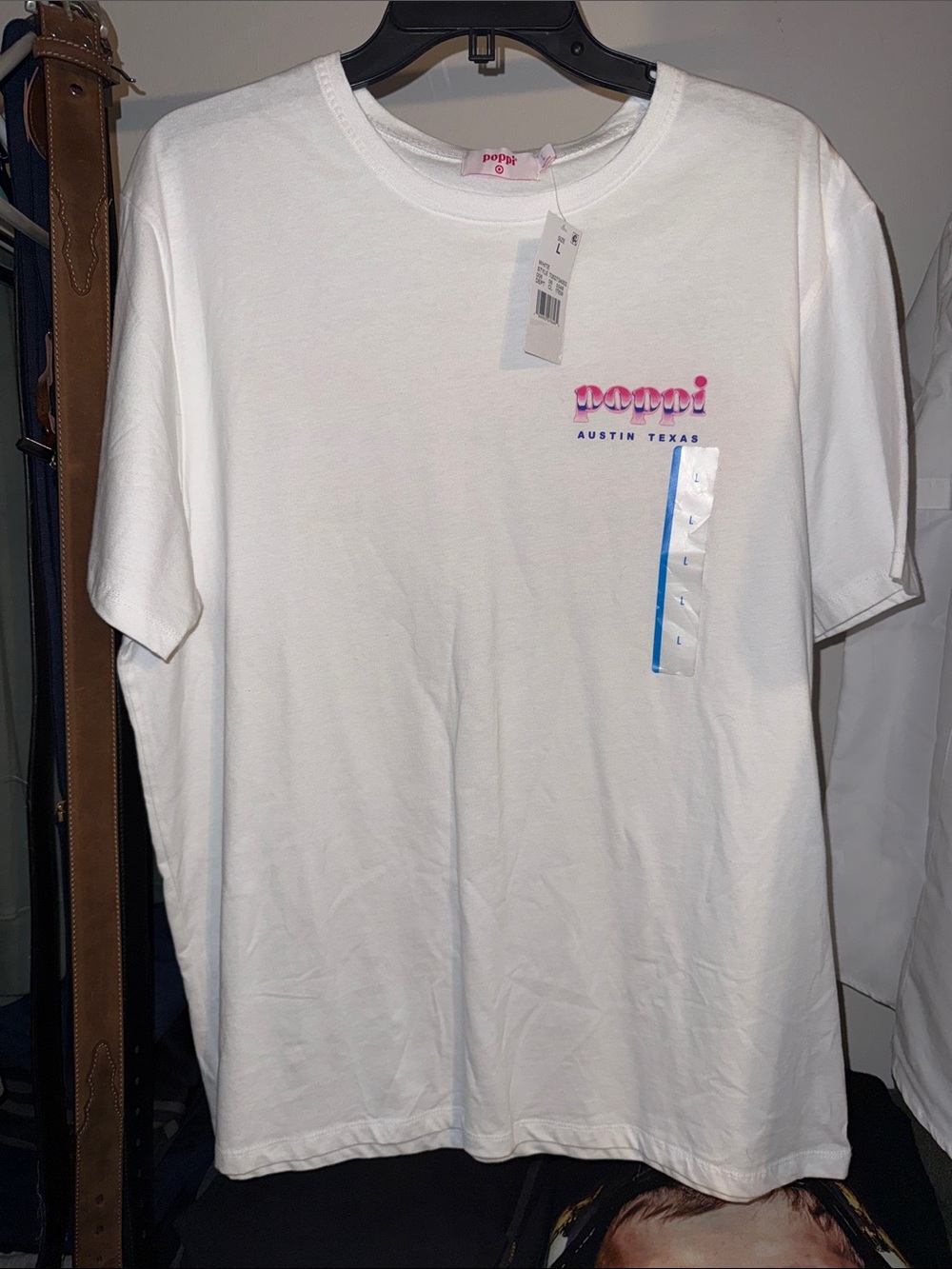 poppi White Short-Sleeve Tee with Pink Logo and Blue Accent